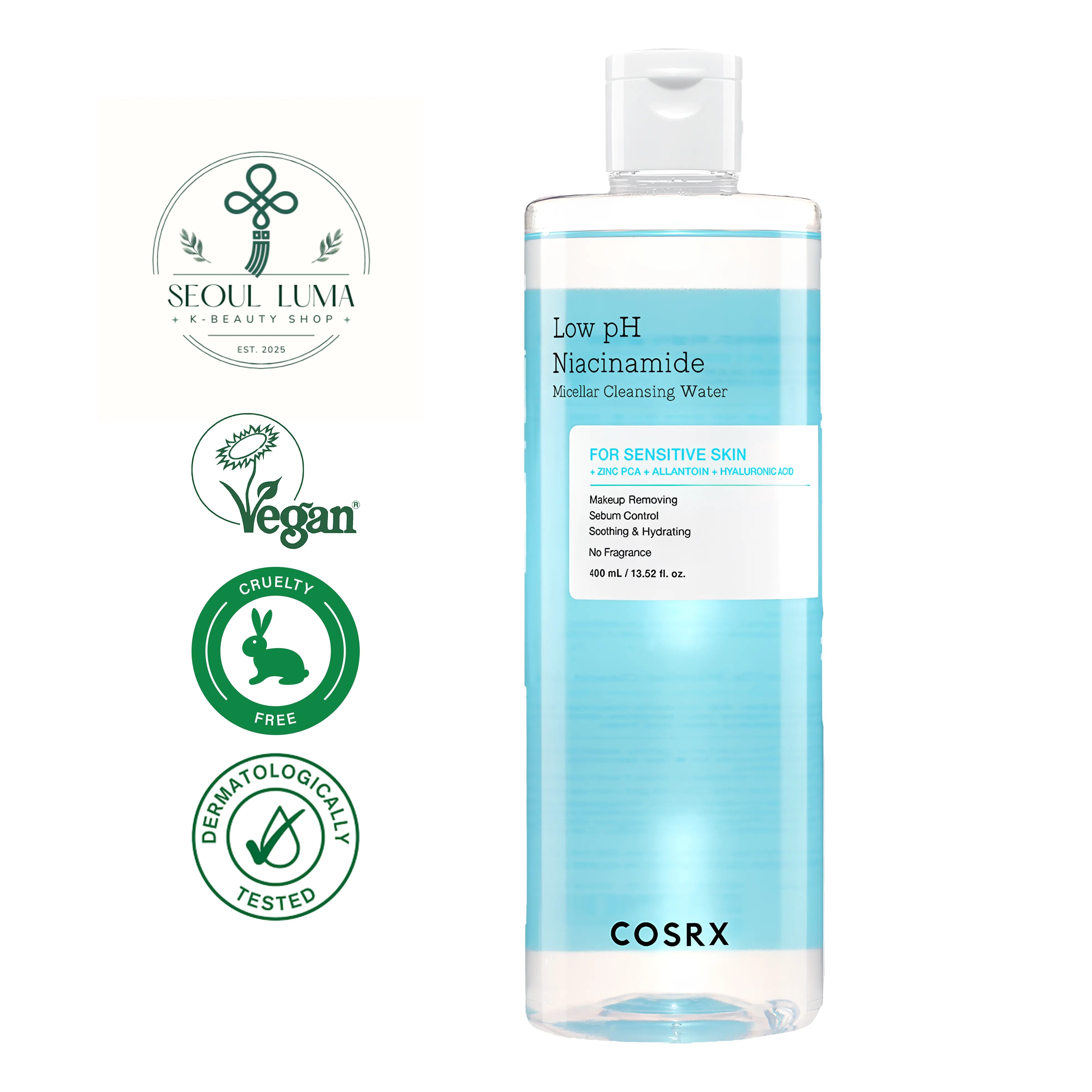 COSRX Low pH Niacinamide Micellar Cleansing Water 400ml - Gentle pH-balanced micellar water with Niacinamide for sensitive skin cleansing and sebum control